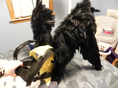 The finished wings, after adding fur and feathers.
