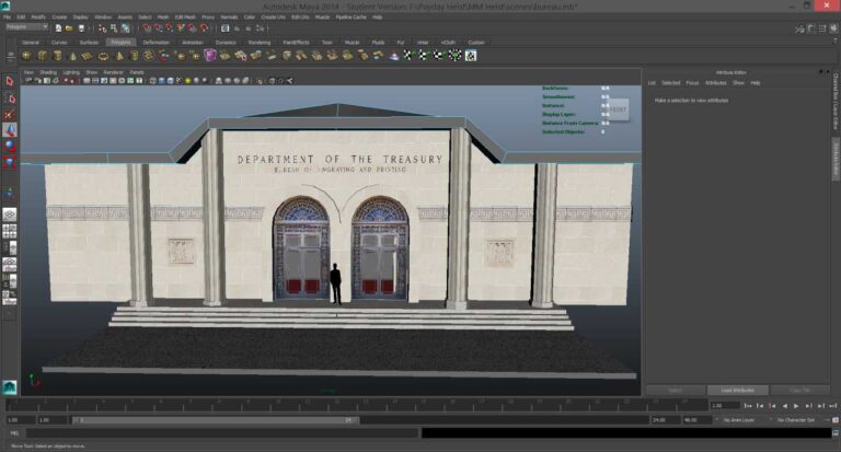 A screenshot of a desktop-based 3D modeling program, showing a building being created with color and texture applied.