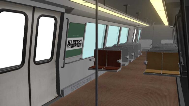 The interior view of a 3D model of a metro train car.