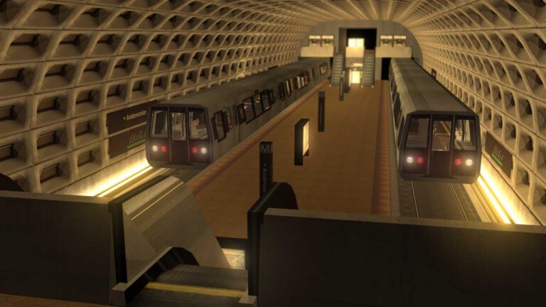 A fully-rendered 3D scene overlooking a metro station platform, with two metro trains sitting on opposite sides of the tracks.