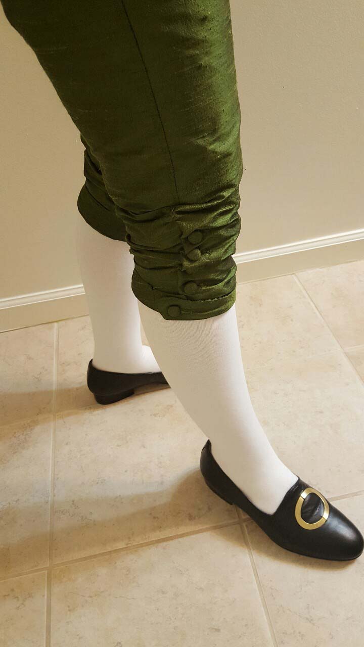 Test fit of the breeches, white leggings, and shoes with fake brass buckles.
