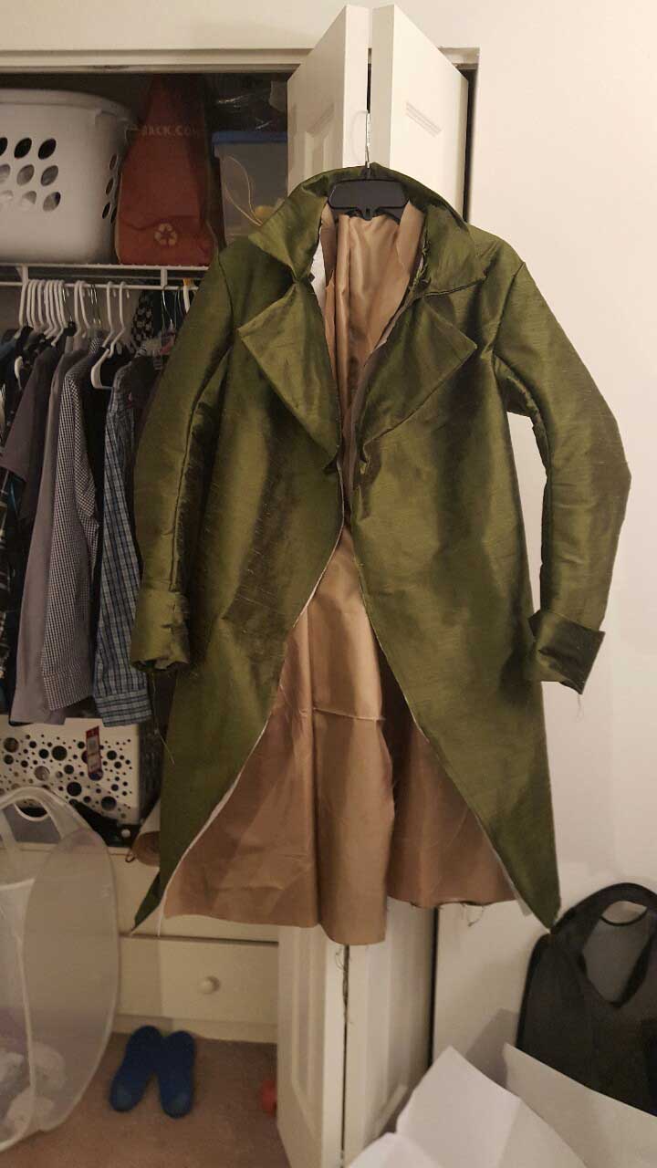 Nearly-complete stage of the jacket, hanging up.