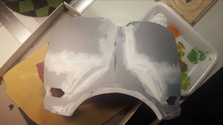 Work in progress of the chest plate, primed and sanded.