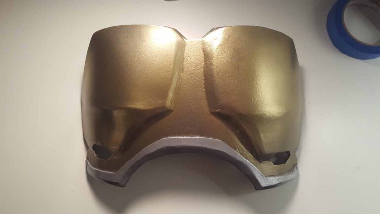 Front of the finished chest plate, painted metallic gold.
