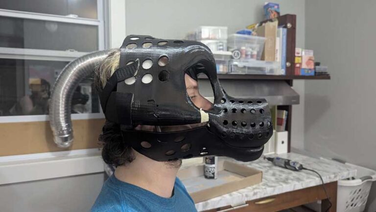 A test-fit of the 3d-printed fursuit head base.