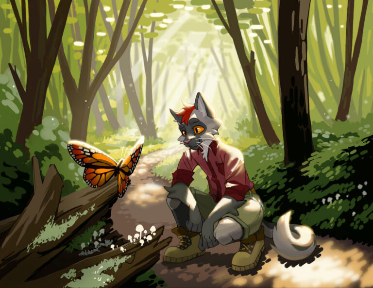An anthropomorphic cat kneels on a dappled forest path, observing a butterfly perched on a fallen log.