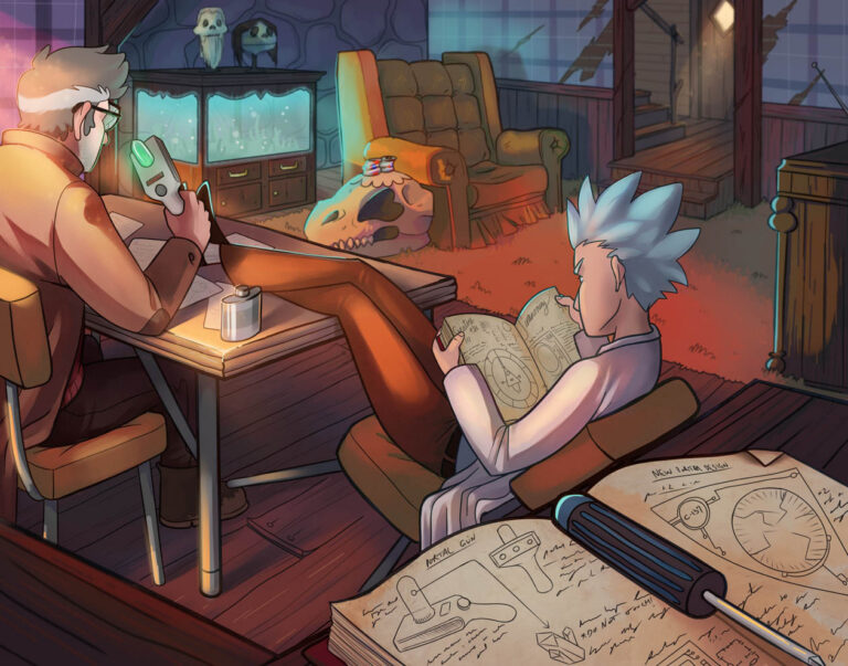 Rick from the tv show Rick and Morty, and Ford from the tv show Gravity Falls, sit around the kitchen table in the Mystery Shack. They are pouring over research notes and scientific portal gun devices.
