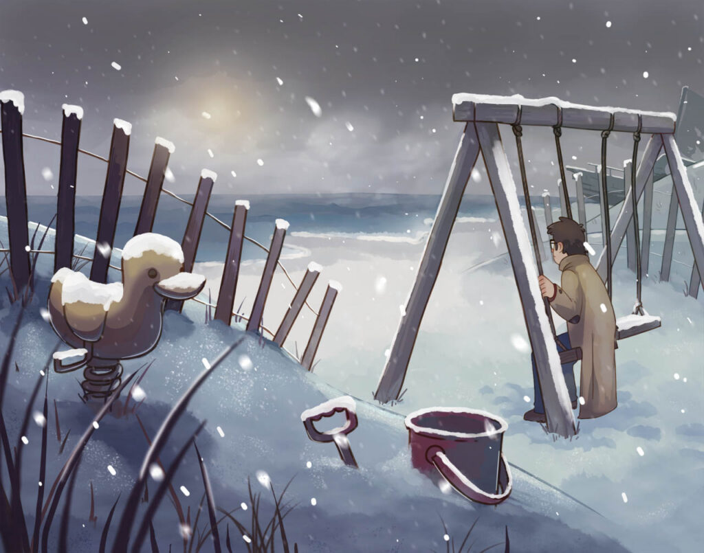 Ford Pines from the tv show Gravity Falls sits on a swingset looking out over a snowy beach. Playground equipment can be seen in the foreground, with a broken ship beached in the background.