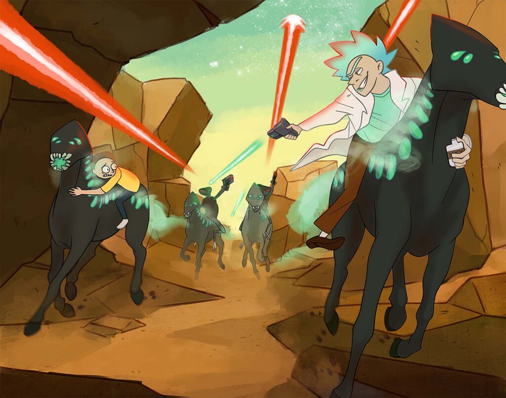 Rick and Morty riding fictional horse creatures through a desert-like landscape, engaged in a laser shootout battle with aliens that are pursuing them.