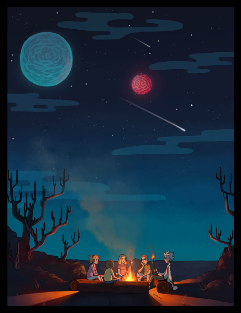 A scene of the family from Rick and Morty sitting around a campfire at night, roasting marshmallows under an alien sky. Morty, Summer, Beth, and Jerry all appear upset with Rick.