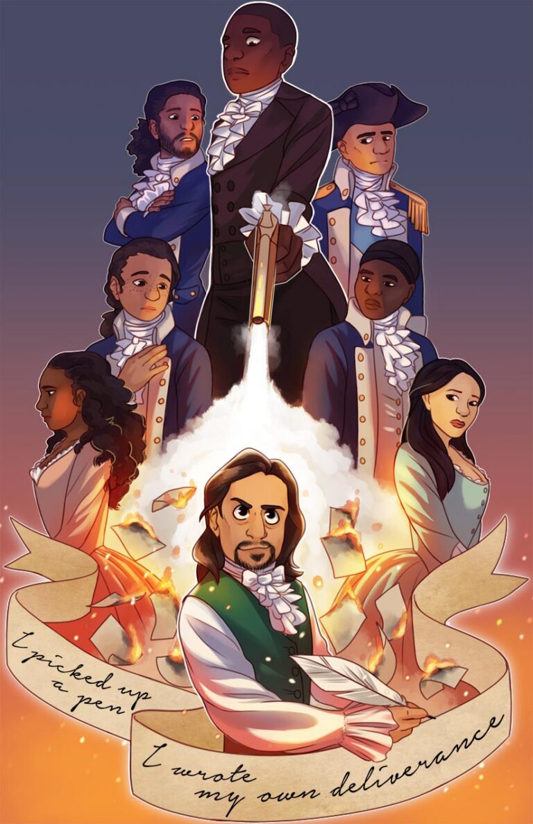 Characters from the musical Hamilton. Alexander Hamilton holds a quill at the bottom, with Aaron Burr above and behind him pointing a gun with a bloom of smoke coming from the muzzle. Surrounding them are Eliza and Angelica Schuyler, John Laurens, Marquis de Lafayette, Hercules Mulligan, and George Washington. Beneath Hamilton is a scroll that reads "I picked up a pen, I wrote my own deliverance" in script.