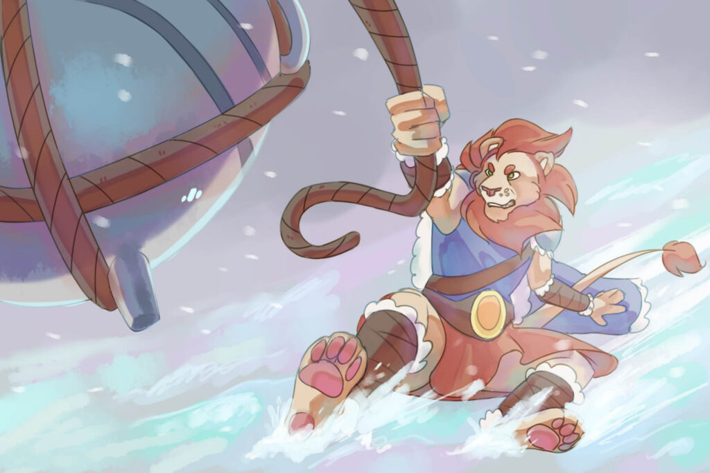 An anthropomorphic lion man wearing gladiator clothing holds on to a rope as it's pulling him through snow.