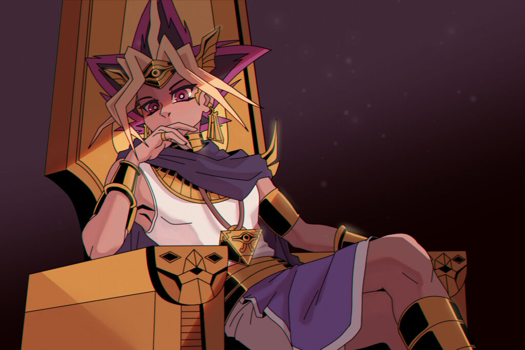 Atem from the series Yu-Gi-Oh. He is sitting on a gold throne, observing the viewer with one hand posed in thought in front of his mouth.