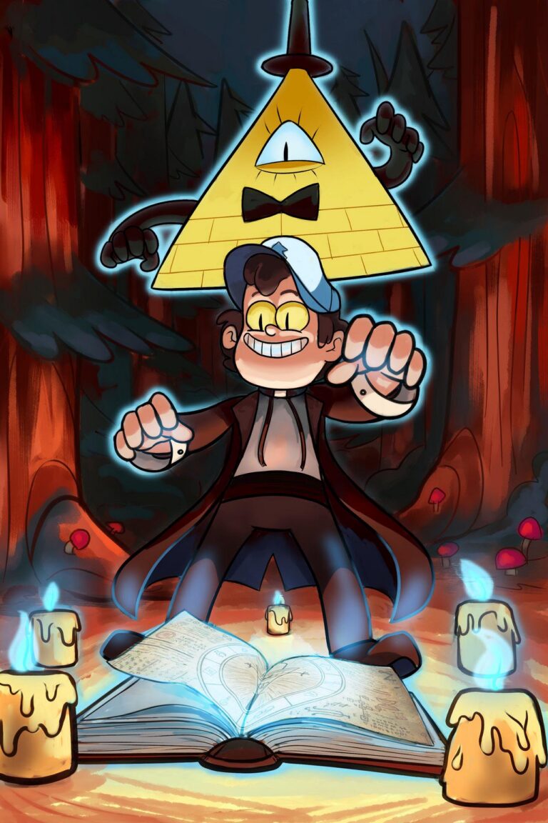 Dipper Pines from the tv show Gravity Falls, standing above a journal surrounded by candles. He is holding his arms out like a marionette while yellow triangle demon Bill Cipher floats above and behind him, as if controlling Dipper like a puppet.
