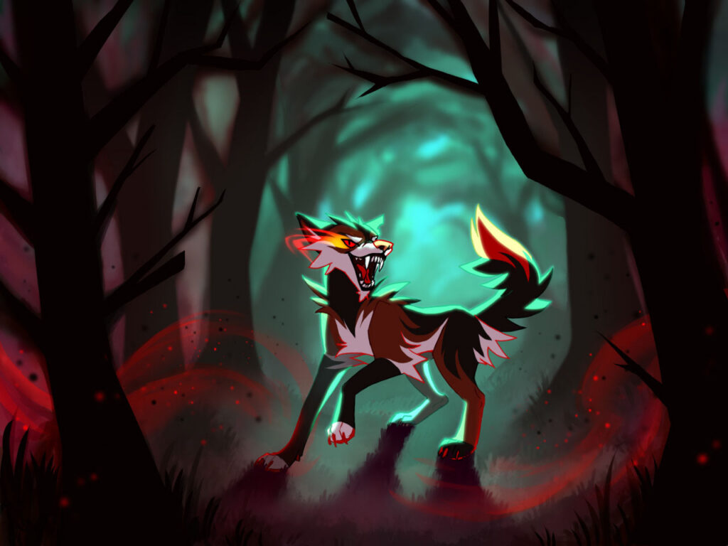 An evil-looking wolf character bares his teeth in a grin in a dark forest.