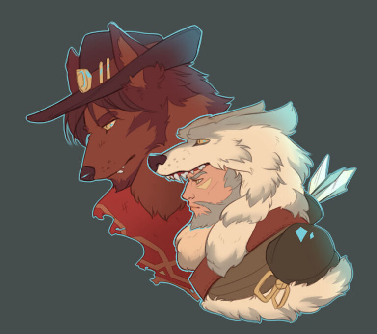 Busts of the characters Hanzo and McCree from the video game Overwatch. Hanzo is wearing his Okami outfit with a wolf head and fur. McCree has been depicted as a werewolf, still wearing his hat and cape.