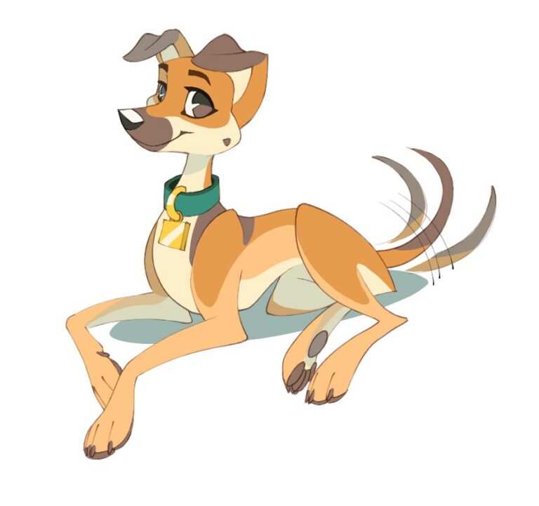 A cartoony tan and brown dog wags her tail happily.