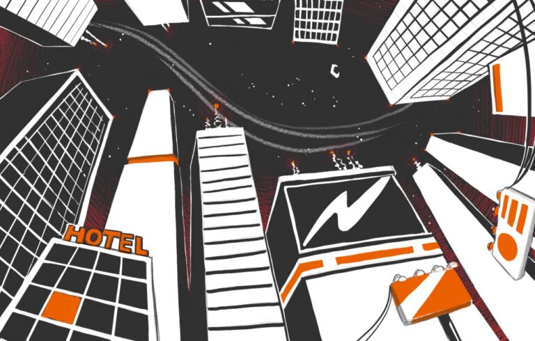 A scene of a city with tall buildings, looking up into a night sky.