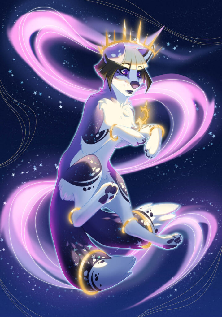 A purple and white border collie character, floating against a starry background. She is wearing gold jewelry that glows slightly, and is looking in awe at a glowing moon-shaped object that floats in front of her.