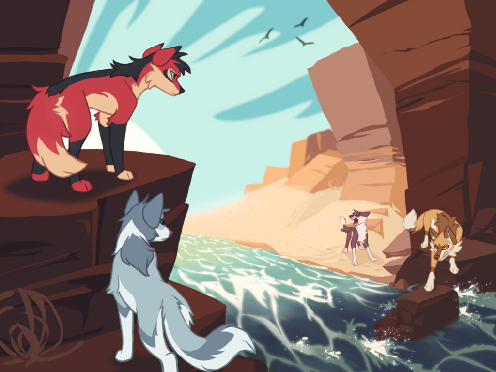 A scene of 4 wolves facing off across a raging river in a desert setting. A red-and-black wolf and a blue-and-white wolf are in the foreground, looking back across the river as a yellow-and-brown wolf and a black-and-white wolf growl at them.