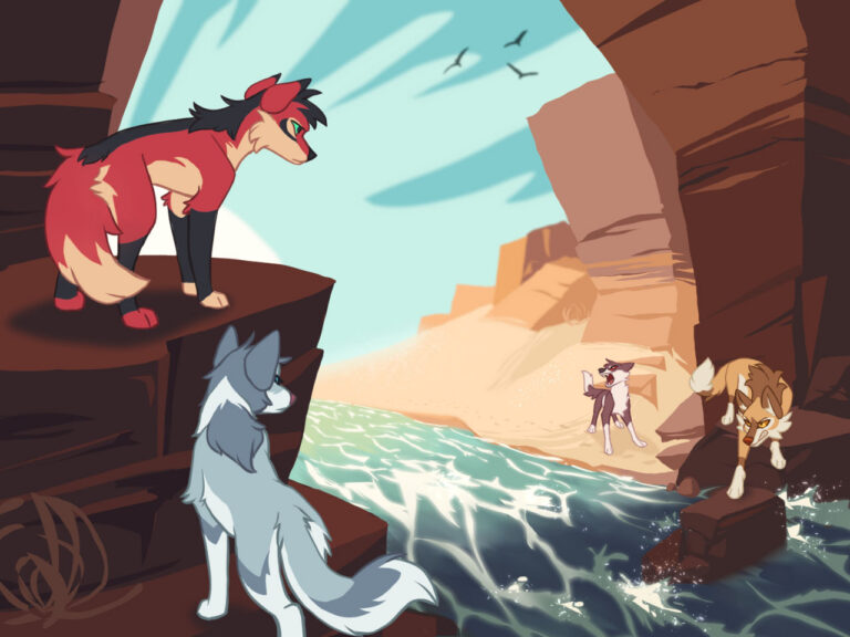 A scene of 4 wolves facing off across a raging river in a desert setting. A red-and-black wolf and a blue-and-white wolf are in the foreground, looking back across the river as a yellow-and-brown wolf and a black-and-white wolf growl at them.