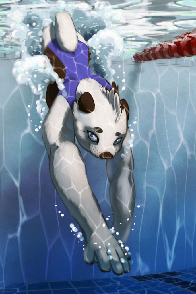 An otter character diving into a pool, water bubbles rising up to the surface.