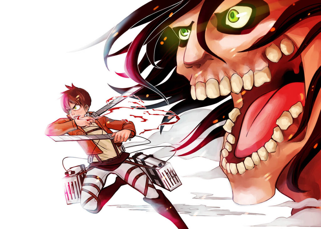 Eren from the series Attack on Titan, running towards an unseen danger. He's biting his thumb to produce a trail of blood, and a depiction of his large Titan form looms over him.