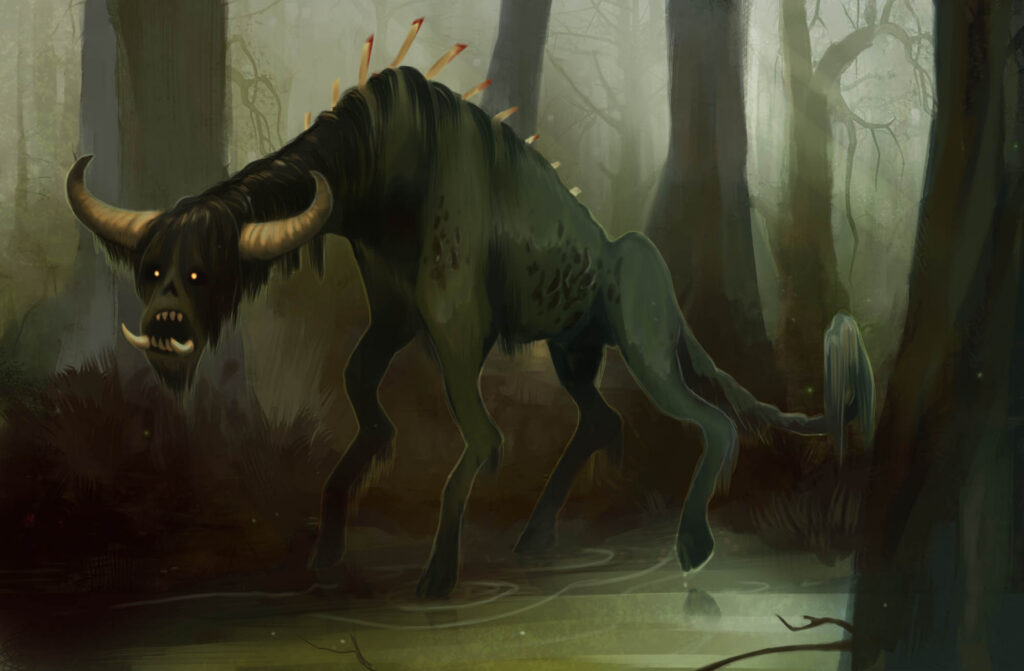 A terrifying 4-legged tusked creature steps through the water in a marshy swamp.