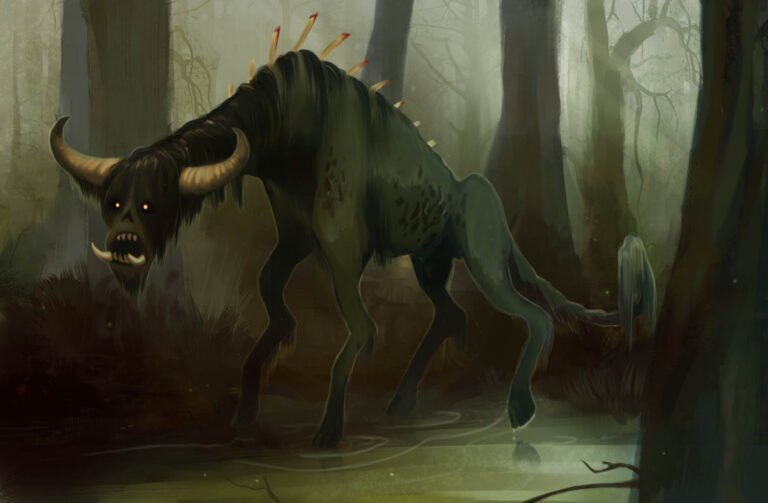 A terrifying 4-legged tusked creature steps through the water in a marshy swamp.