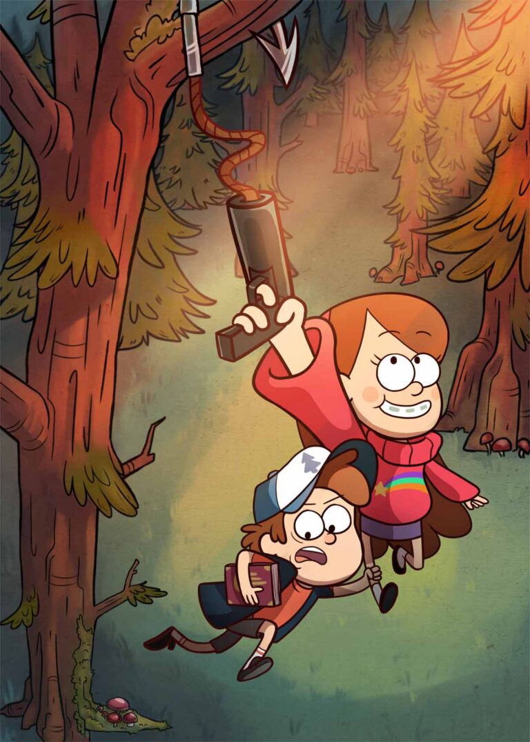 Characters Mabel and Dipper Pines from the series Gravity Falls. Mabel has hooked a tree branch with her grappling hook and is flying up into the trees, with Dipper scared and holding onto her leg as they're both pulled up.
