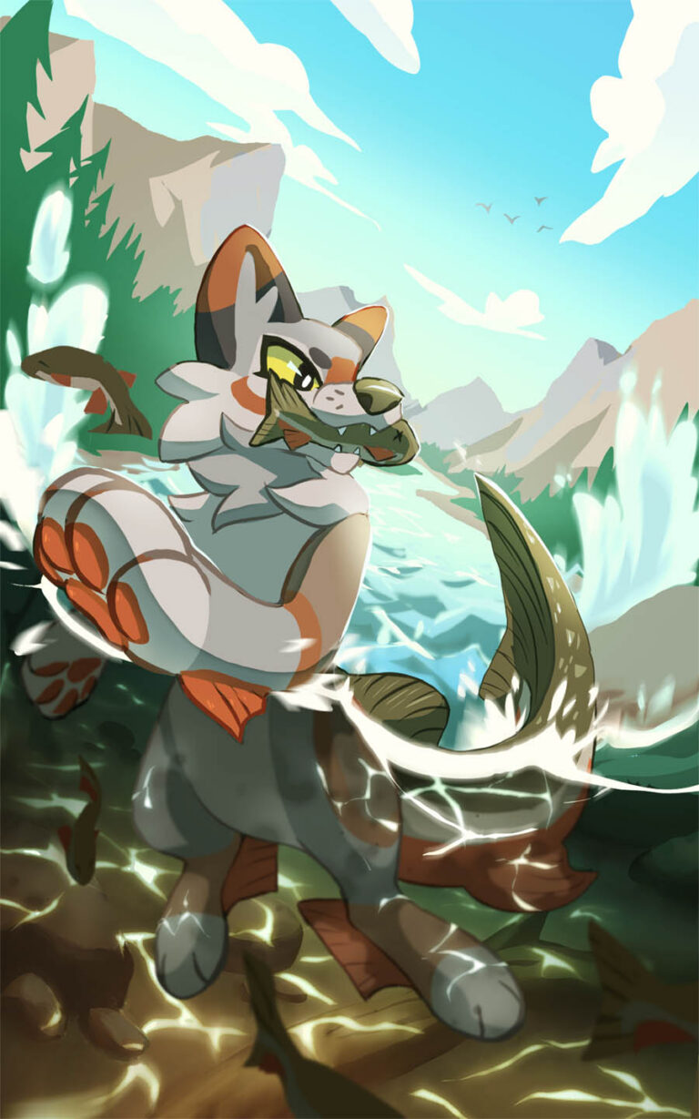 A fictional character that's a mix of a jackal and a trout swimming in a rushing river, and grabbing a trout in its mouth.