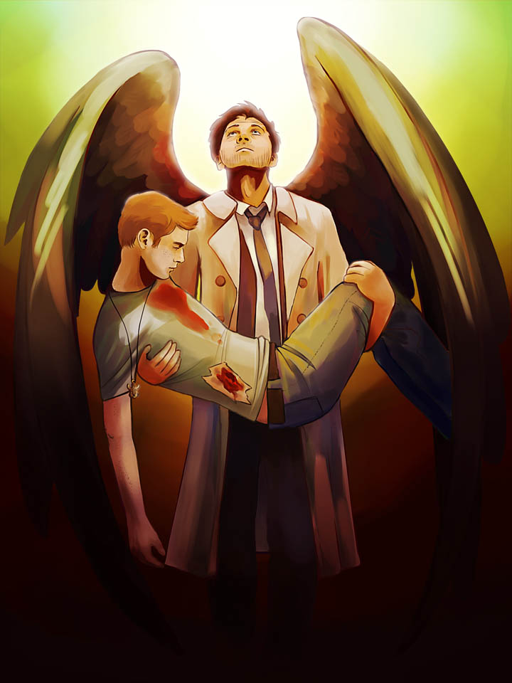 The character Castiel from Supernatural holds Dean Winchester in his arms. Castiel is looking up with his angel wings visible, and Dean is injured with blood on him.