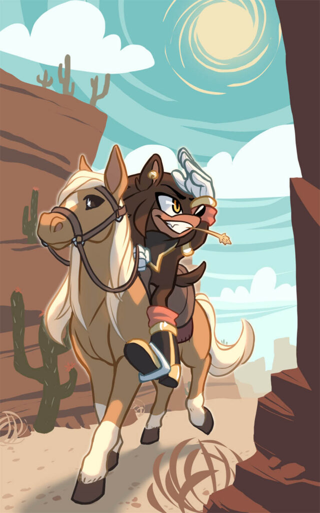 An original character from the Sonic the Hedgehog universe. He is riding a horse through a bright desert landscape, shielding his eyes from the sun.