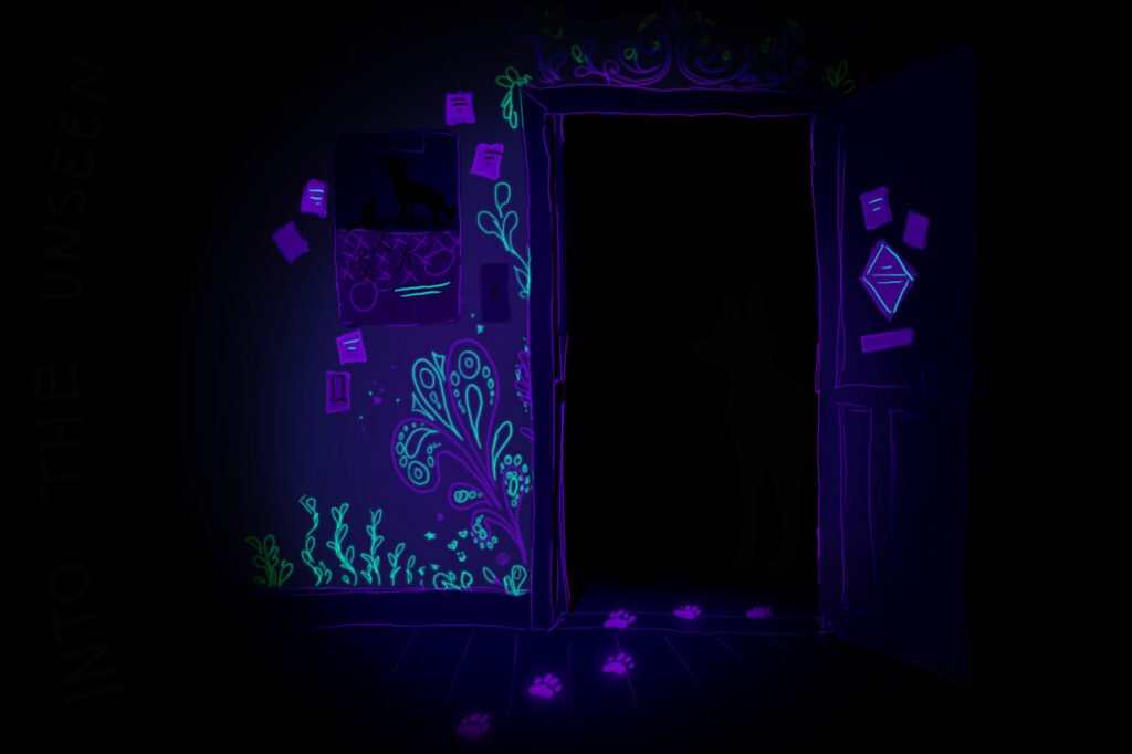 A dark scene of a bedroom door, with UV-reactant drawings on the wall illuminated with black light. Wolf pawprints glow on the floor in the black light.
