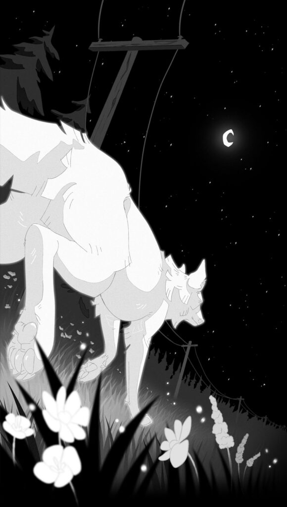 A glowing white wolf runs through the grass of a forest at night, following some power lines.