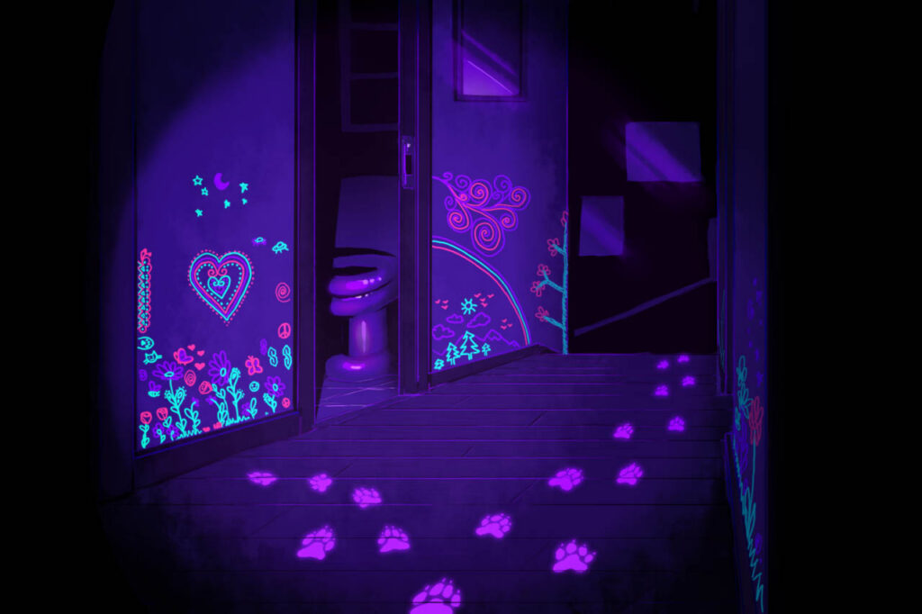A dark scene of a house hallway, with UV-reactant drawings on the wall illuminated with black light. Wolf pawprints glow on the floor in the black light.