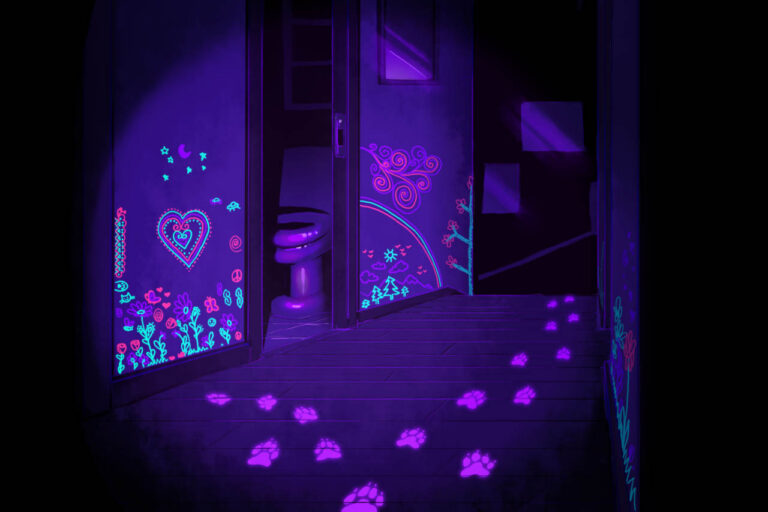 A dark scene of a house hallway, with UV-reactant drawings on the wall illuminated with black light. Wolf pawprints glow on the floor in the black light.