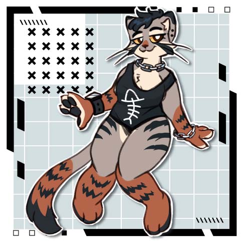 An anthropomorphic grey and brown cat wearing a fishbone tank top. They are very cute!!!!