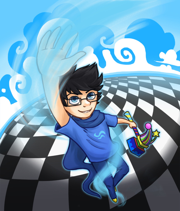 The character John Egbert from Homestuck, flying above a black-and-white checkerboard globe while controlling a stream of wind.