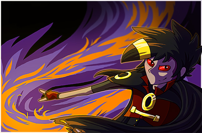 A male character designed to look like an Umbreon Pokemon, producing a torrent of purple and orange fire.