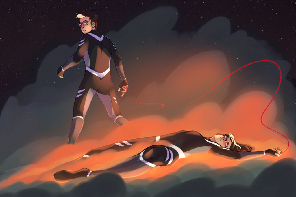 A male character stands with his back to the viewer, in a black and silver space suit. In the foreground is a female character that looks similar to him with the same suit, lying on the ground. They are surrounded by glowing smoke clouds, against a starry background. There is a red thread tied to each of their pinky fingers, broken in the middle.