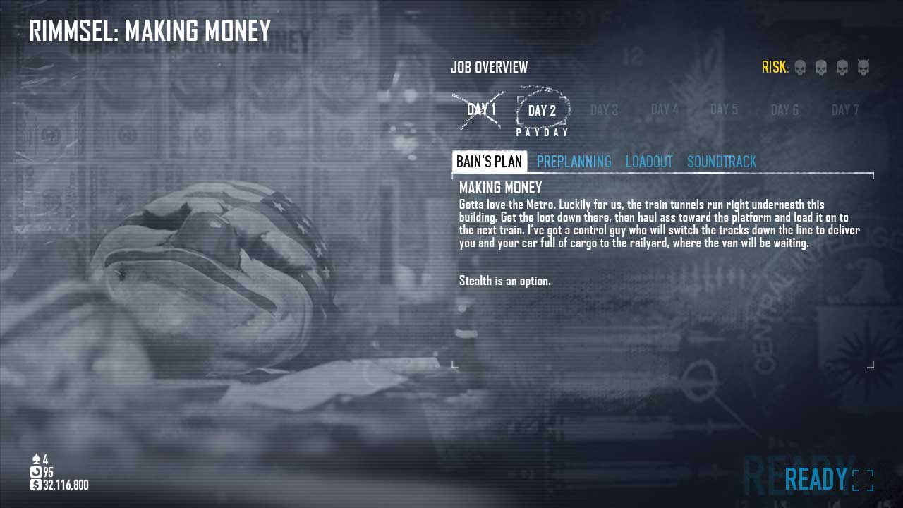 The job overview screen for day 2 of a Payday 2 mission. Bain's mission text reads, "Gotta love the Metro. Luckily for us, the train tunnels run right underneath this building. Get the loot down there, then haul ass toward the platform and load it on to the next train. I've got a control guy who will switch the tracks down the line to deliver you and your car full of cargo to the railyard, where the van will be waiting. Stealth is an option."