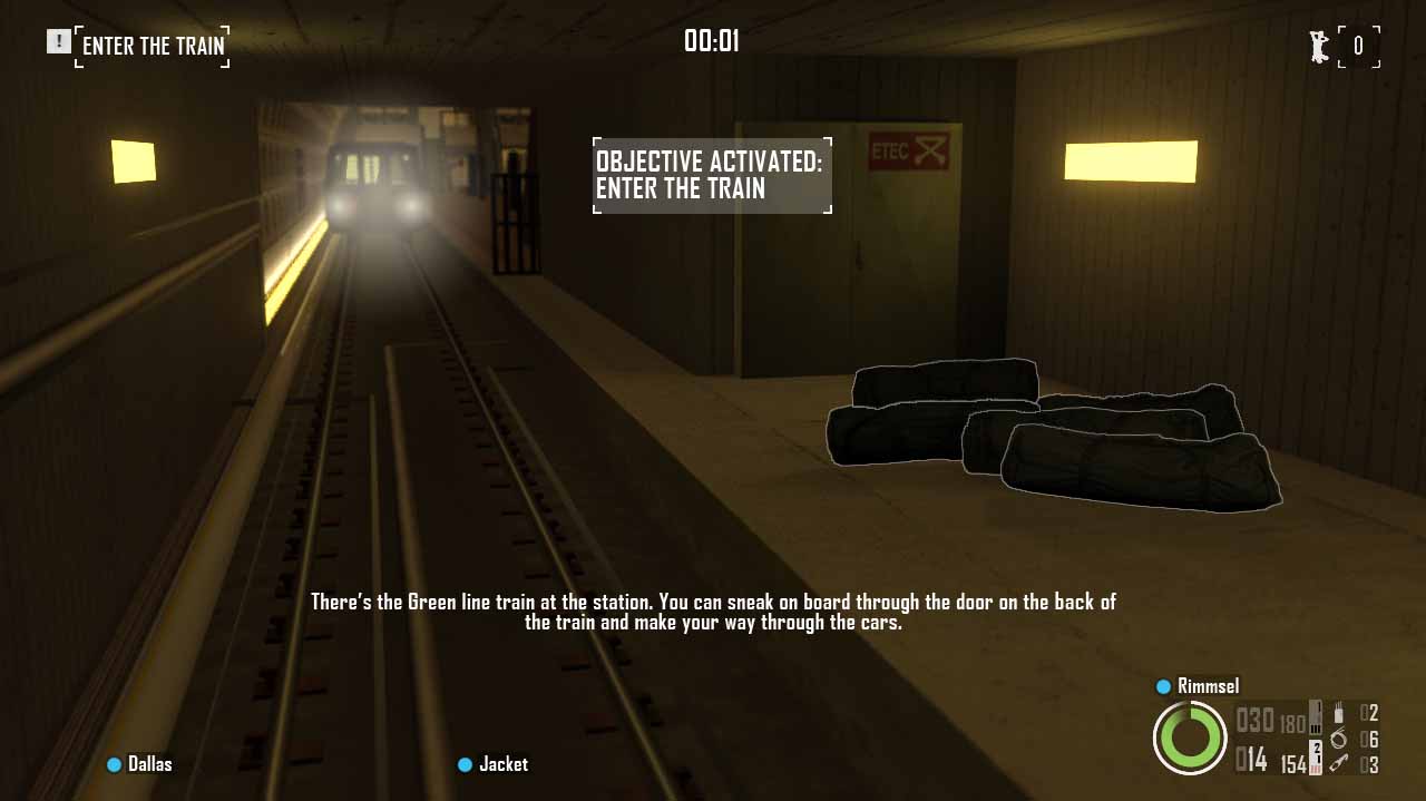 Bags of cash sitting on a maintenance platform within the train tunnels. Bain's text reads, "There's the Green line train at the station. You can sneak on board through the door on the back of the train and make your way through the cars."