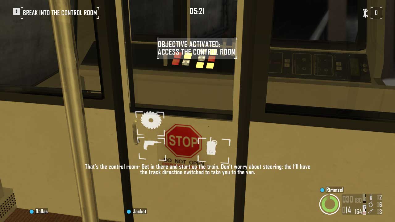 A close-up of the door to the train conductor's cabin, showing options to saw, drill, or explode it open. Bain's text reads, "That's the control room- Get in there and start up the train. Don't worry about steering; I'll have the track direction switched to take you to the van."