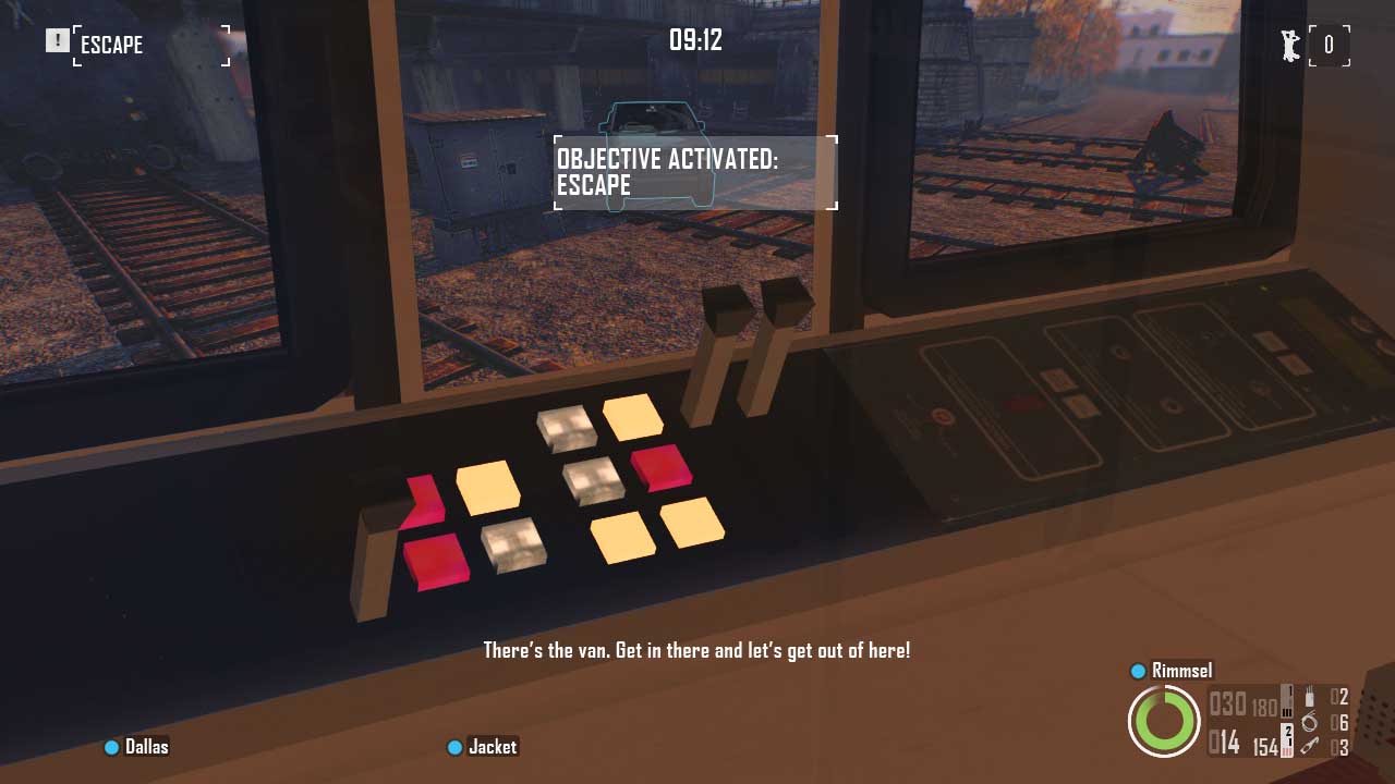 A view looking out over the train control panel of the trainyard outside, with the escape van waiting a short distance away. Bain's text reads, "There's the van. Get in there and let's get out of here!"