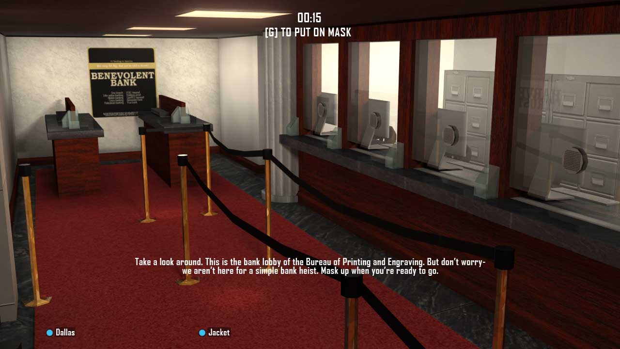 The first in-game screenshot of the heist mission, showing the interior of a bank lobby. Bain's text says, "Take a look around. This is the bank lobby of the Bureau of Printing and Engraving. But don't worry- we aren't here for a simple bank heist. Mask up when you're ready to go."