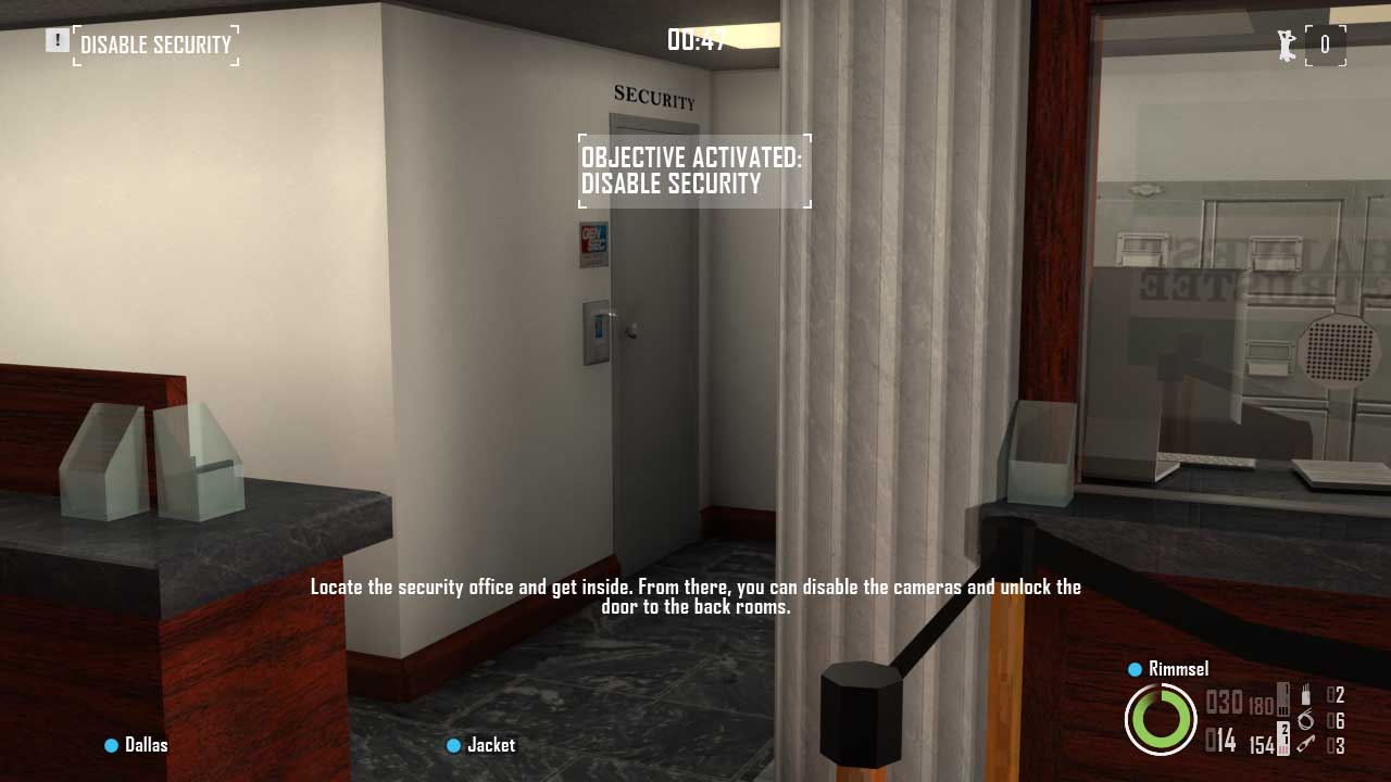 A security door in the bank's lobby. Bain's text reads, "Locate the security office and get inside. From there, you can disable the cameras and unlock the door to the back rooms."