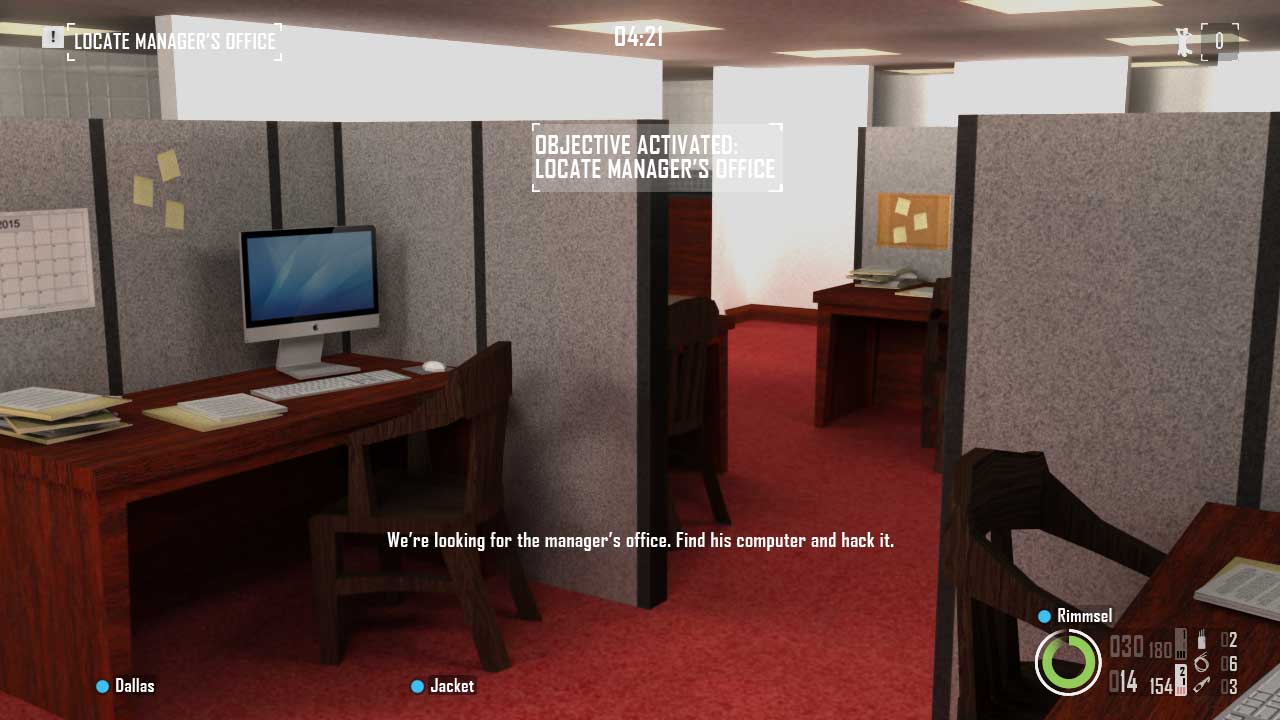 The bank's office space, with many computers. Bain's text reads, "We're looking for the manager's office. Find his computer and hack it."