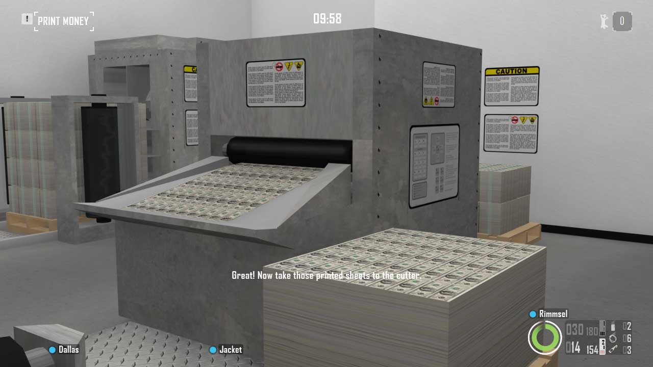 A view of the money printing machine, with a large sheet of bills sitting on the output tray. Bain's text reads, "Great! Now take those printed sheets to the cutter."