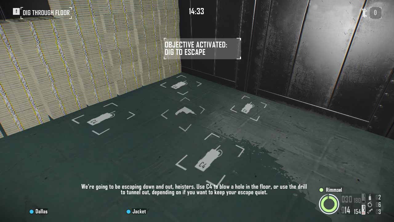 The interior of the cash vault, showing options to place C4 or drill through the floor. Bain's text reads, "We're going to be escaping down and out, heisters. Use C4 to blow a hole in the floor, or use the drill to tunnel out, depending on if you want to keep your escape quiet."